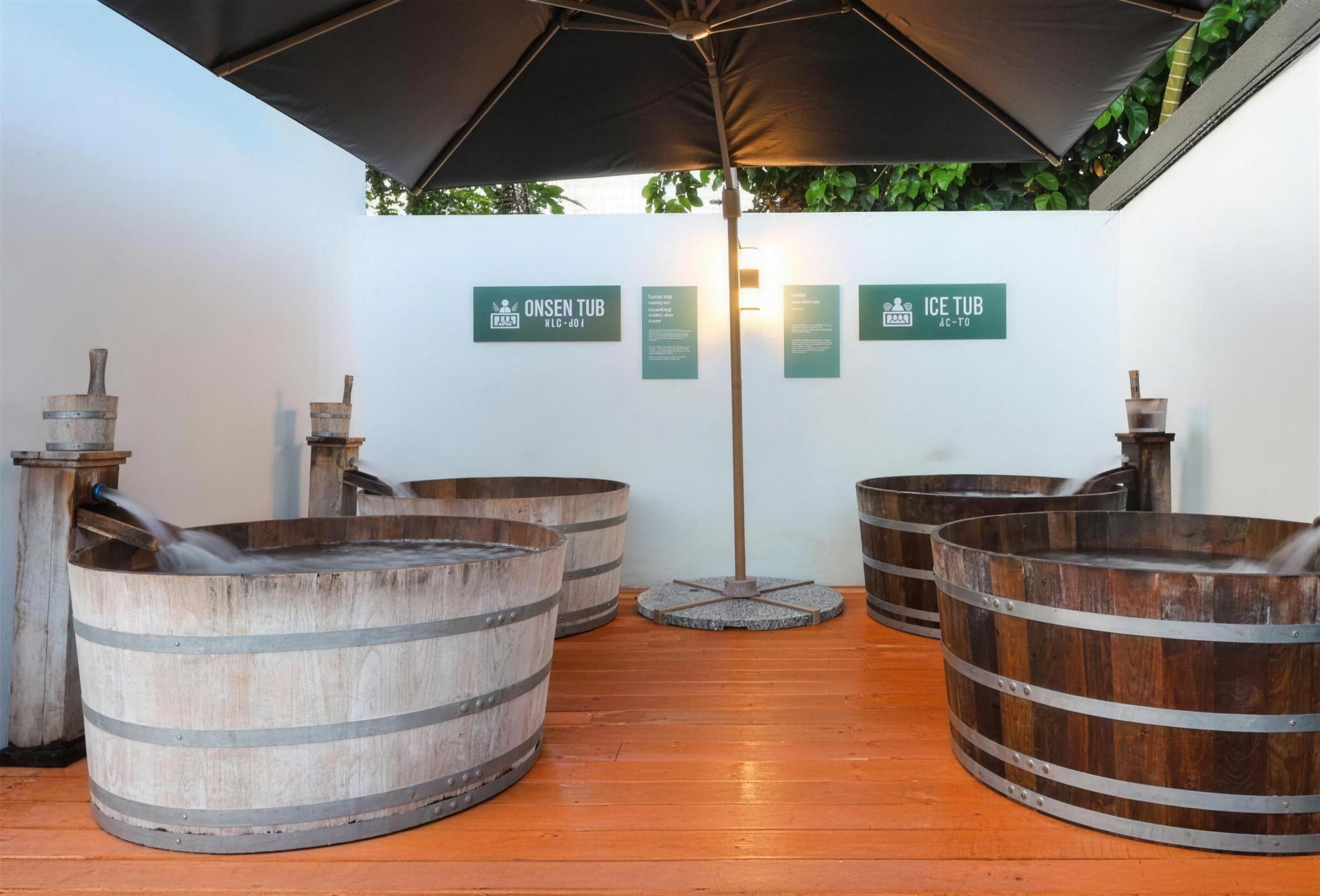 Onsen and ice tubs: handcrafted wooden barrels under a dark parasol
